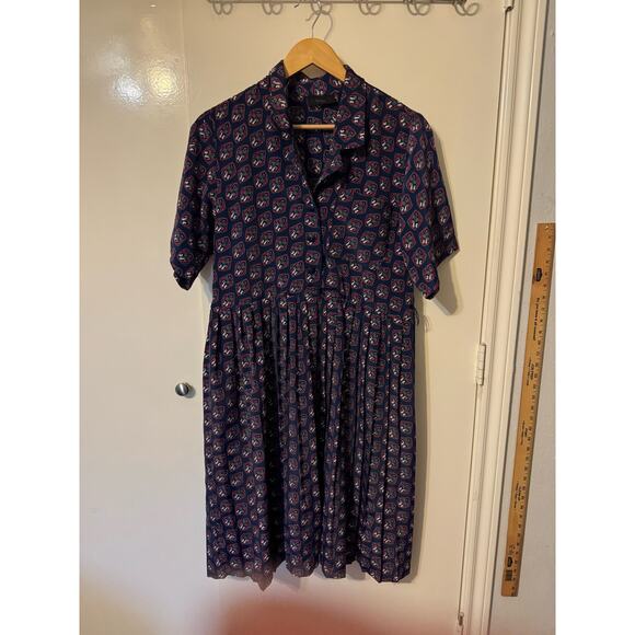 Vintage 80s Petite Plus Navy Polyester Pleated Shirt Dress - Picture 1 of 7